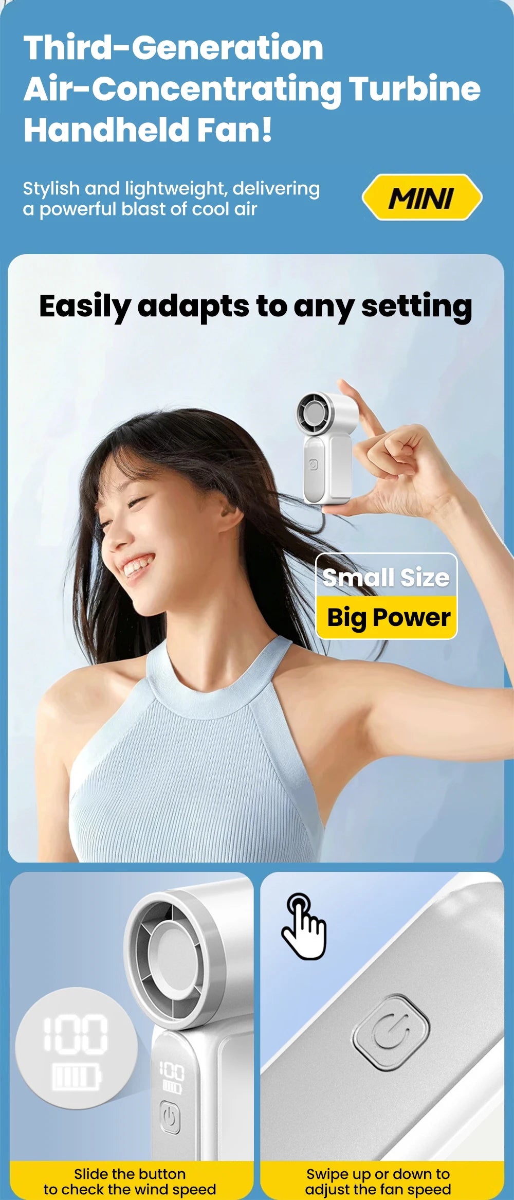 Portable Handheld Mini Fan 5 Speed Adjust Type c Rechargeable Fan Digital Display Desktop Fan Outdoor