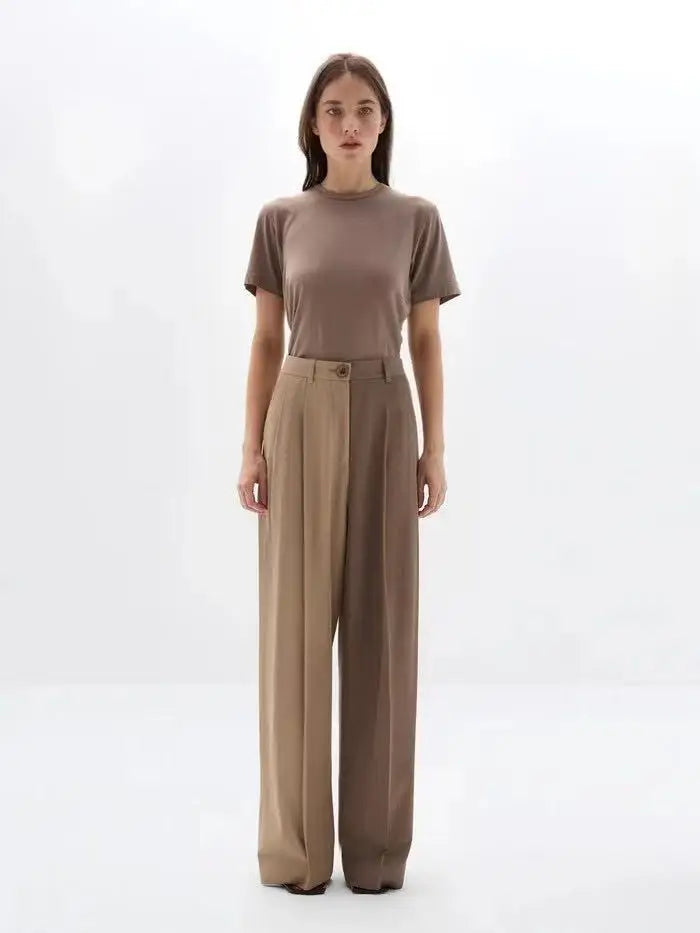 Women's Autumn Winter Color Blocked Loose Two Piece Set Casual Single Breasted Long Sleeved Lapel Coat+Straight Pants Suit Women