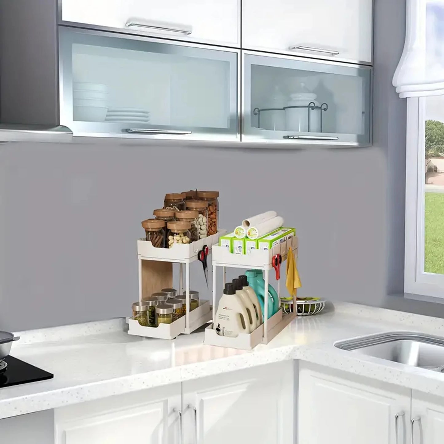 New 2 Tier Under Sink Organizer, Pull Out Sliding Rack, Multi-Function Shelf for Kitchen Bathroom,Space Saving Cabinet Organizer