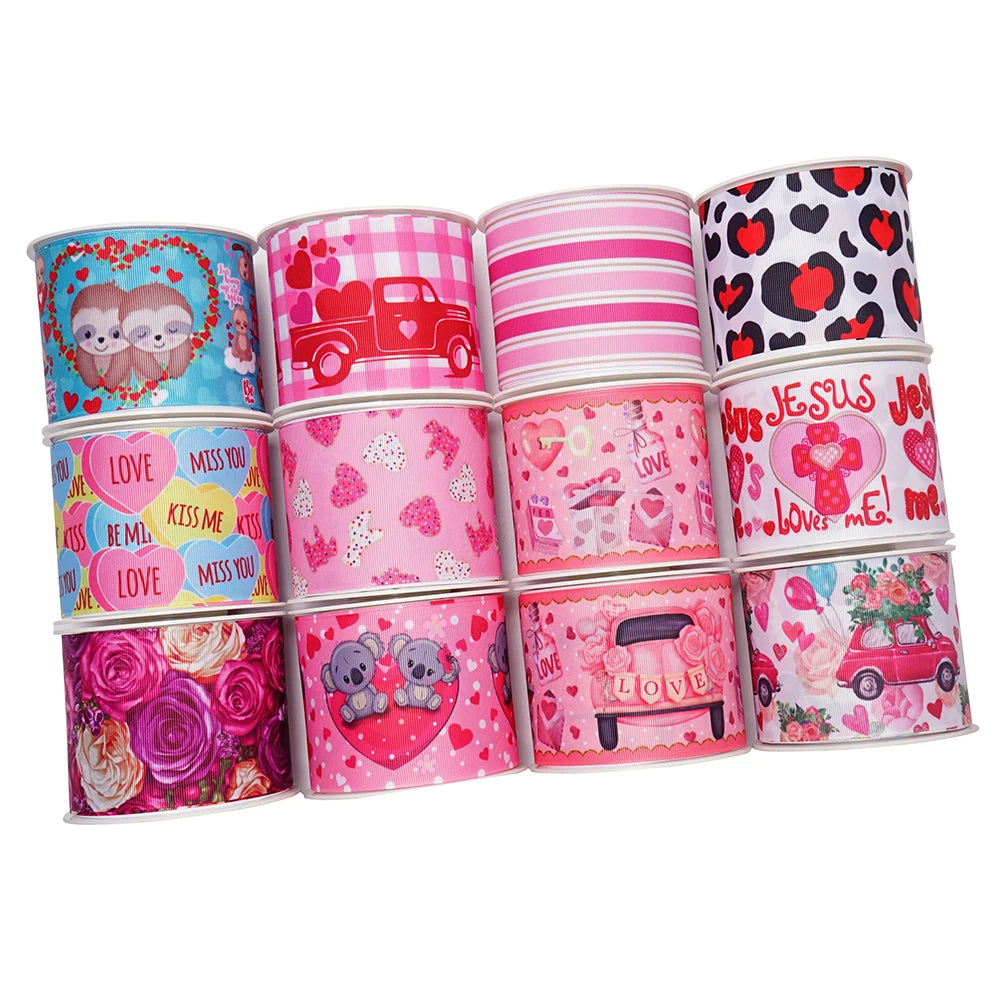 5 Yards 3inch 75mm of  Valentine's Day flowers  Printed Ribbon For Hair Bows DIY Crafts Handmade Accessories 76711