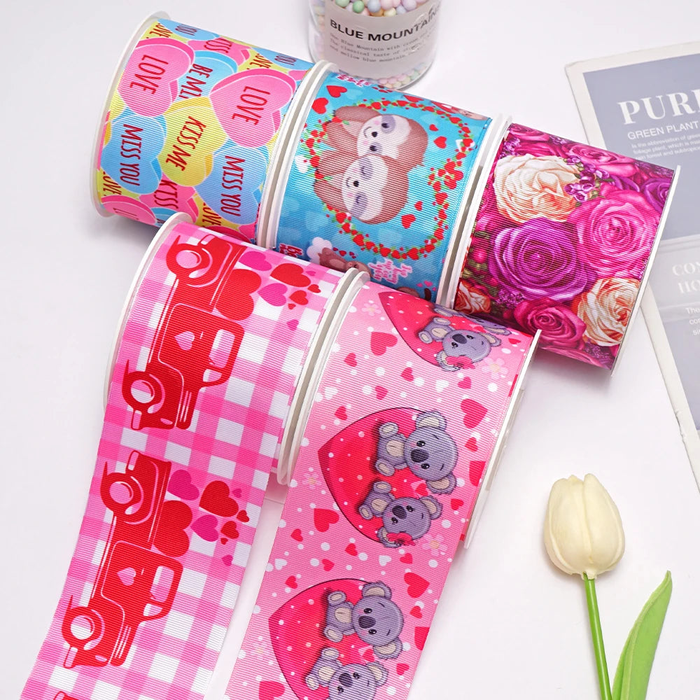 5 Yards 3inch 75mm of  Valentine's Day flowers  Printed Ribbon For Hair Bows DIY Crafts Handmade Accessories 76711