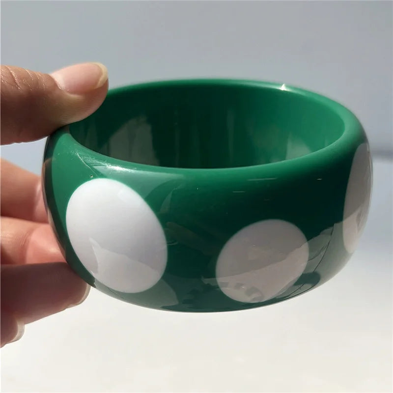 HangZhi Sweet Pink White Polka Dot Striped Geometric Round Resin Cuff Bracelet Y2K Bangle for Women Girls Minimalist Jewelry