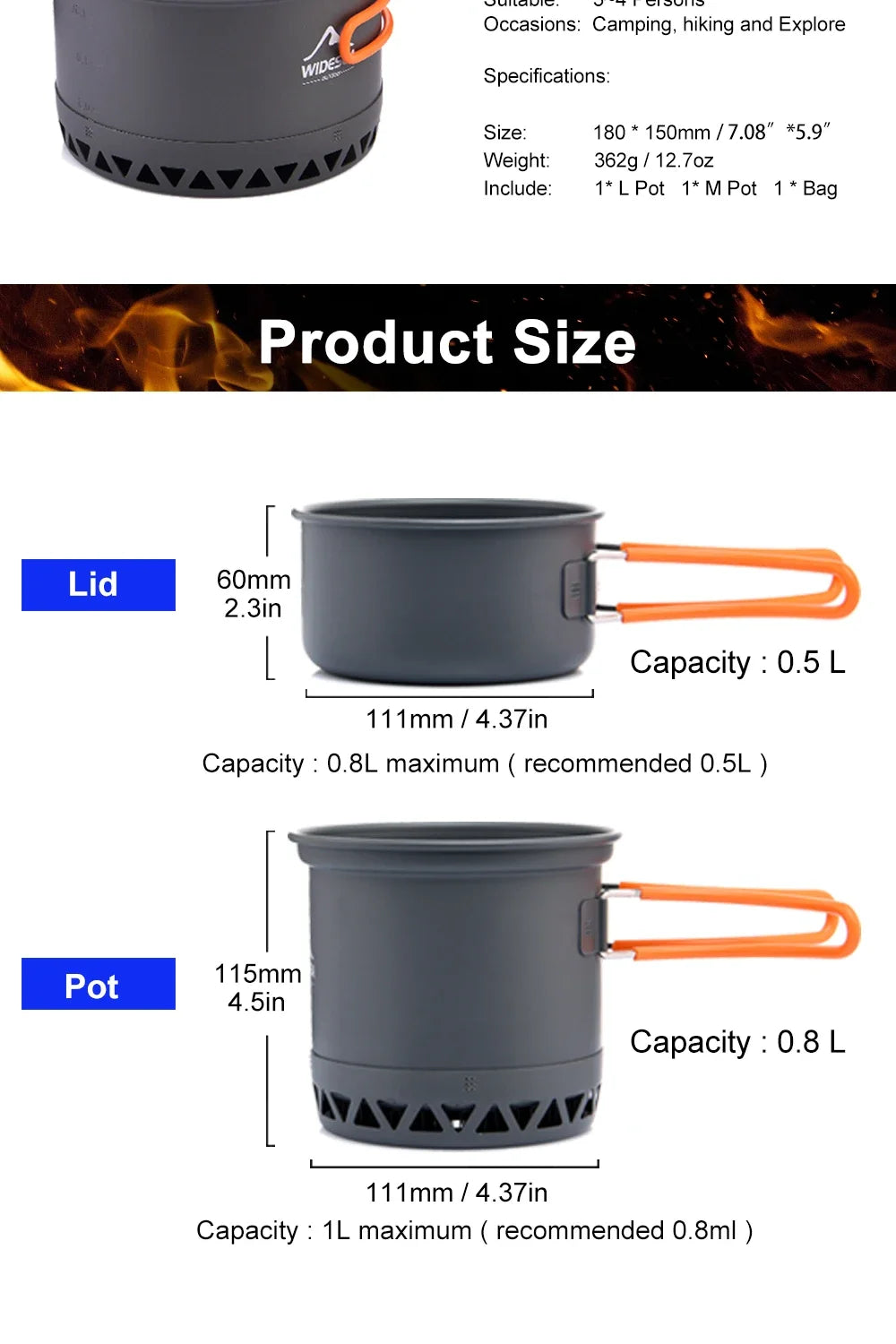 Outdoor Camping Pot 1.3L 2.3L Cookware Outdoor Cooking Kettle Set Heat Cooker Travel Tableware Tourist Kitchen Utensil Equipment