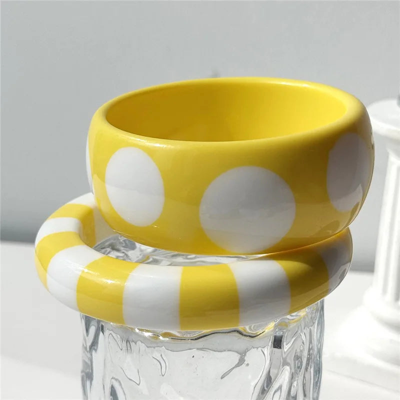 HangZhi Sweet Pink White Polka Dot Striped Geometric Round Resin Cuff Bracelet Y2K Bangle for Women Girls Minimalist Jewelry
