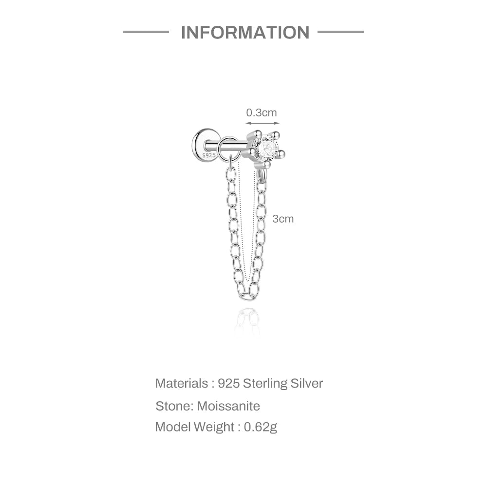 CANNER 1PC Moissanite Spherical Vertical Eight-pointed Star Piercing Earrings 925 Sterling Silver Jewelry Valentine's Day Gift