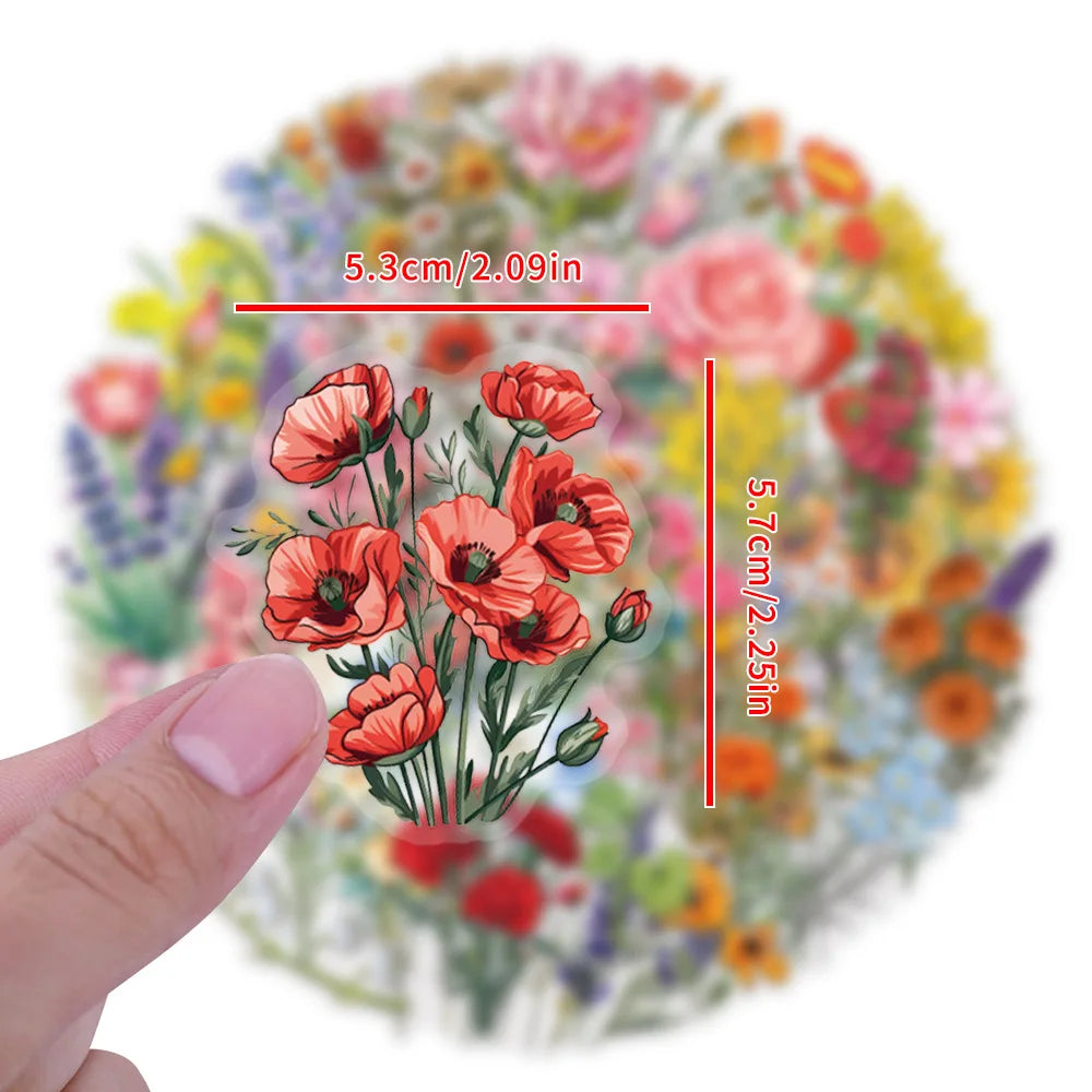 60PCS Transparent Flowers Stickers Graffiti Stickers DIY Diary Phone Case Handmade Scrapbook Aesthetic Stickers
