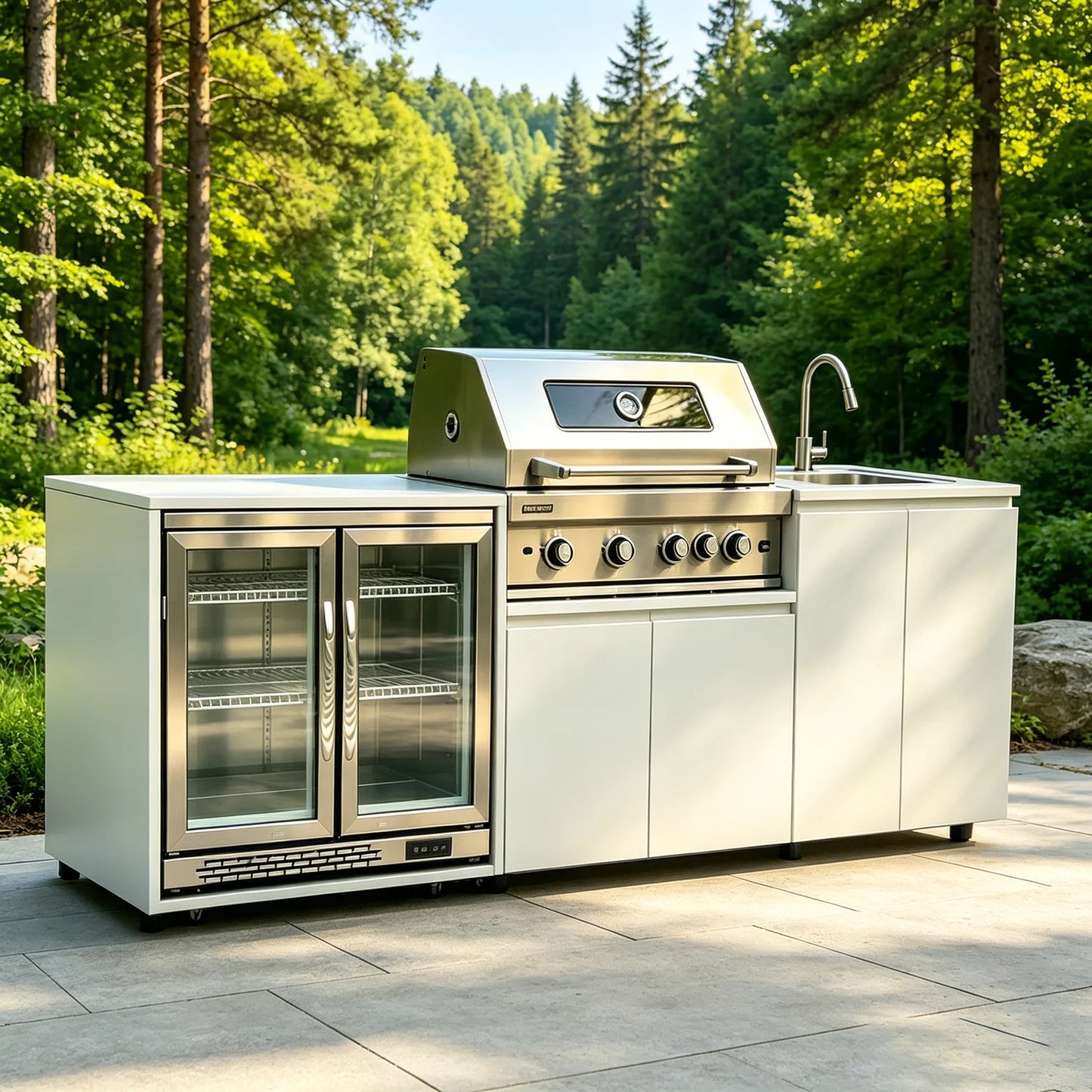 Stainless Steel Outdoor Kitchen With BBQ And Fridge With Grill Cooktop Sink Fridge Rolling Movable On Wheels For Backyard Patio