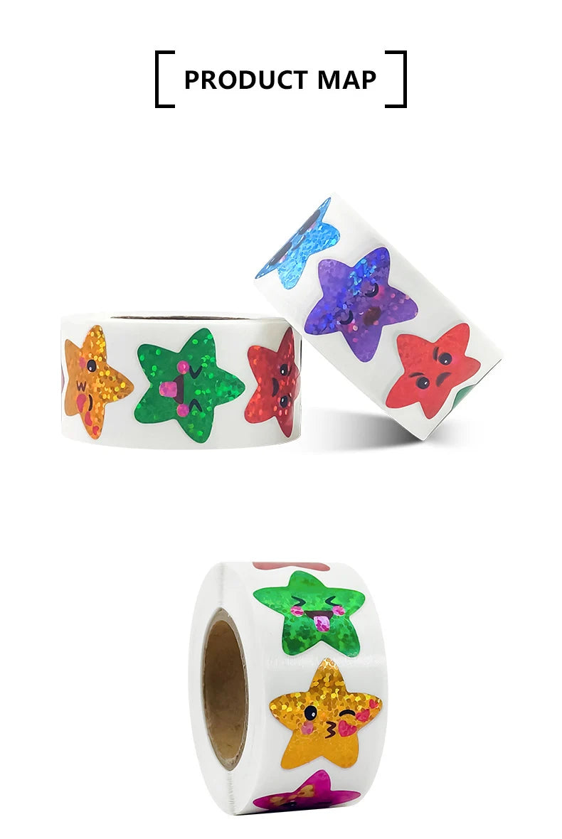 500/1000pcs Colorful Star Adhesive Holographic Star Stickers Zoo Farm Scrapbook Sticker Roll Labels  For Kids DIY Gift Toys