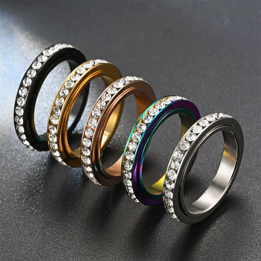 4MM Spinner Finger Rings For Women Crystal Rotatable Wedding Stainless Steel Ring Men Korean Anniversary Party Jewelry