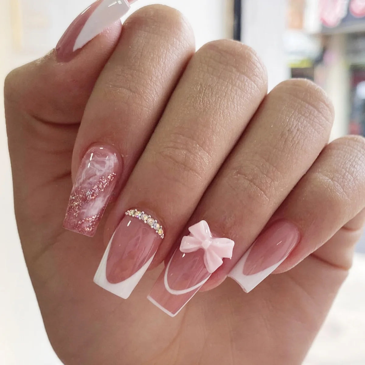 White French Press on Nails 3D Bowknot Fake Nails Tips Full Cover Wearable False Nails for Women and Girls DIY Manicure 24Pcs