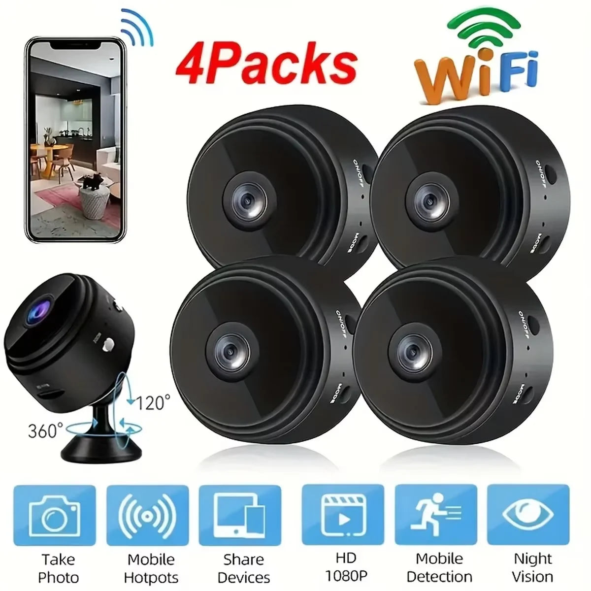 A9 Smart WiFi Security Camera - Wireless Indoor/Outdoor Camera, 2.4GHz WiFi, Remote View App, Motion Alert, Christmas Gift