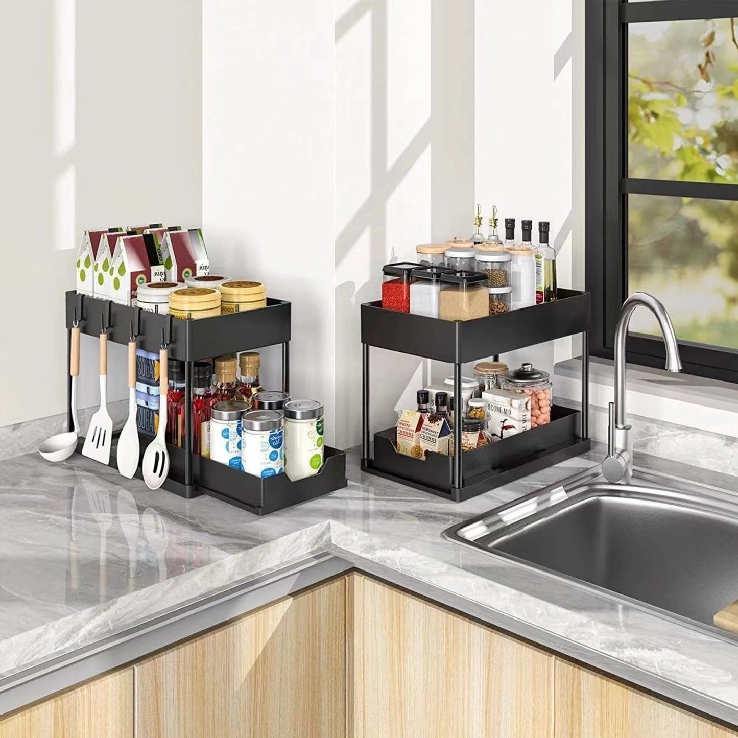 New 2 Tier Under Sink Organizer, Pull Out Sliding Rack, Multi-Function Shelf for Kitchen Bathroom,Space Saving Cabinet Organizer