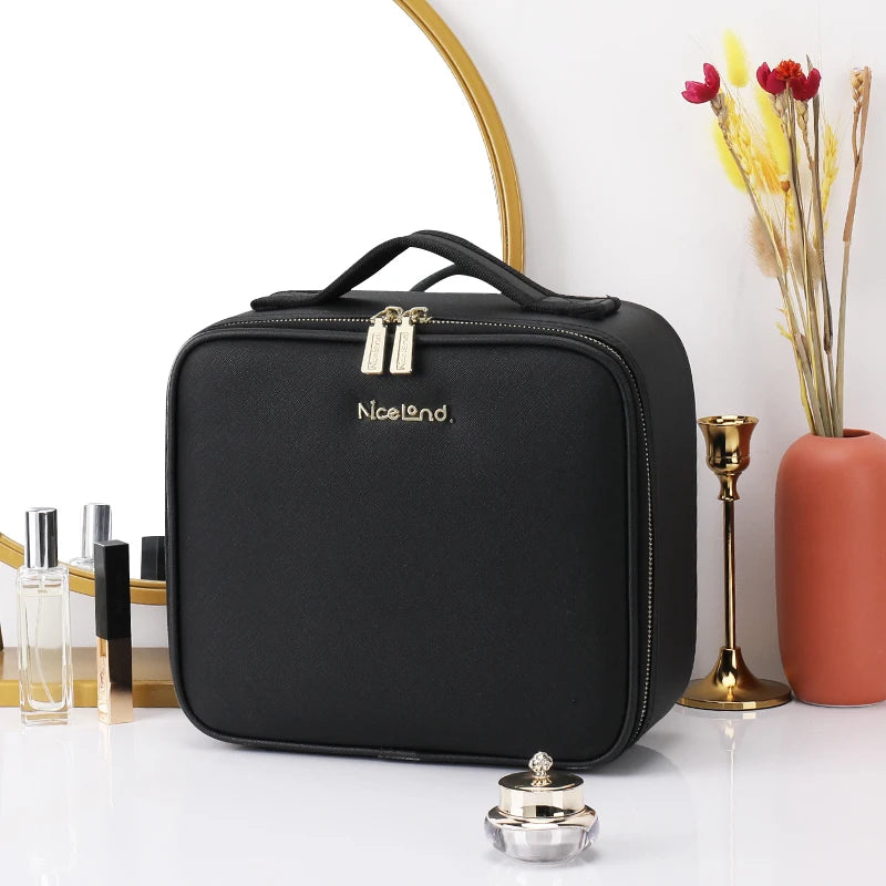 Travel Makeup Bag with LED Lighted Mirror 3 Color Scenarios Adjustable Brightness, with DIY Dividers, Toiletry Makeup Case Gift