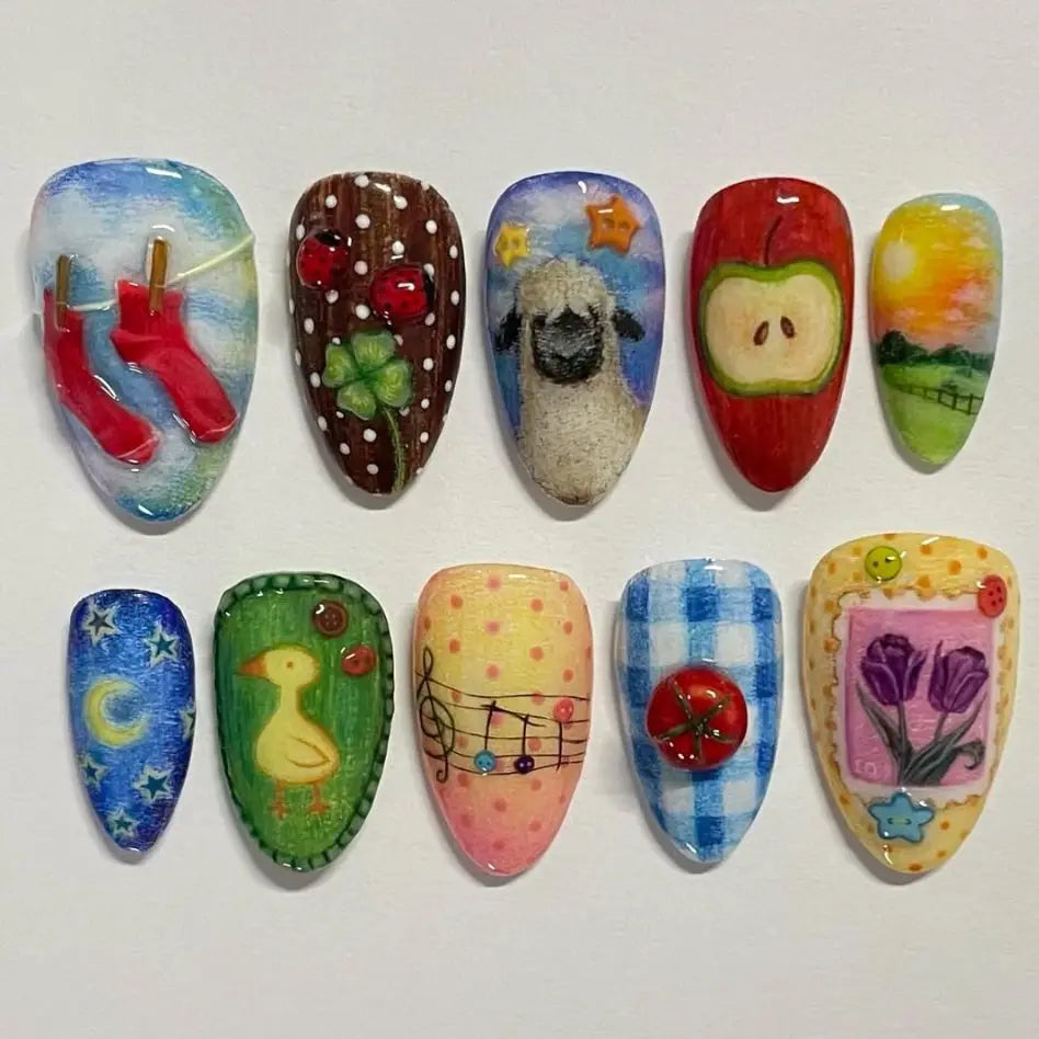 24PCS Medium Almond Press On Nails Wine Red Cute Cartoon Rabbit Bowknot Plaid Pearl False Nails Kawaii Nails Full Cover Wearable