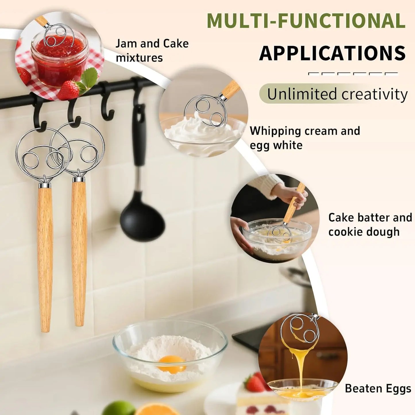 Danish Dough Whisk Stainless Steel Bread Mixer Wooden Handle Hand Blender Egg Beater DIY Baking Tools for Cake Pizza Pas