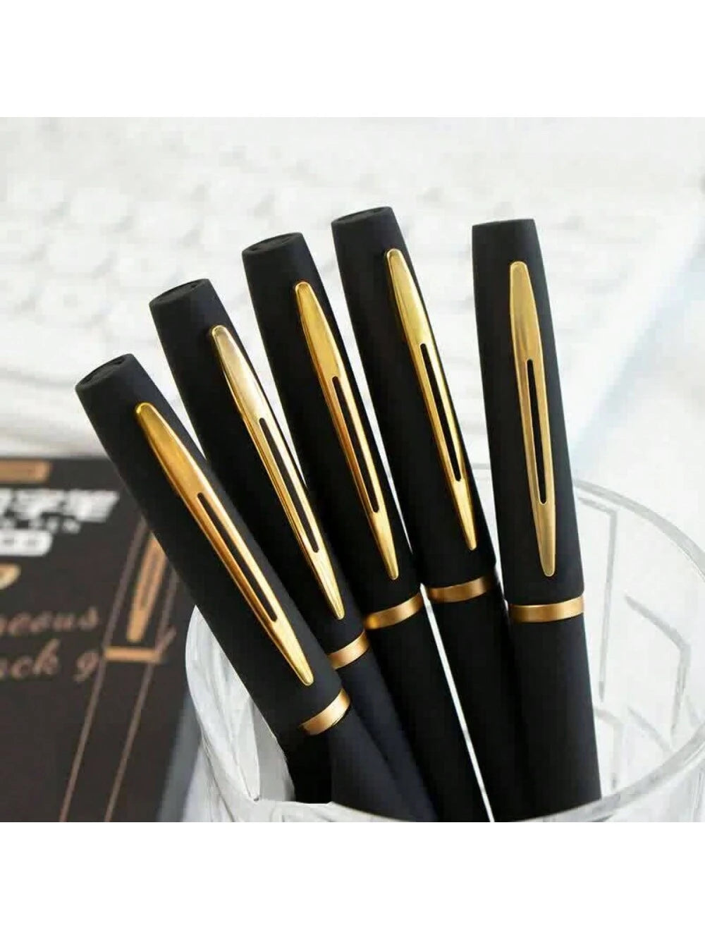 1/10Pcs-Stylish Black Gold Neutral Pen - 0.5mm Fine Tip, High Capacity, Ideal for Offices