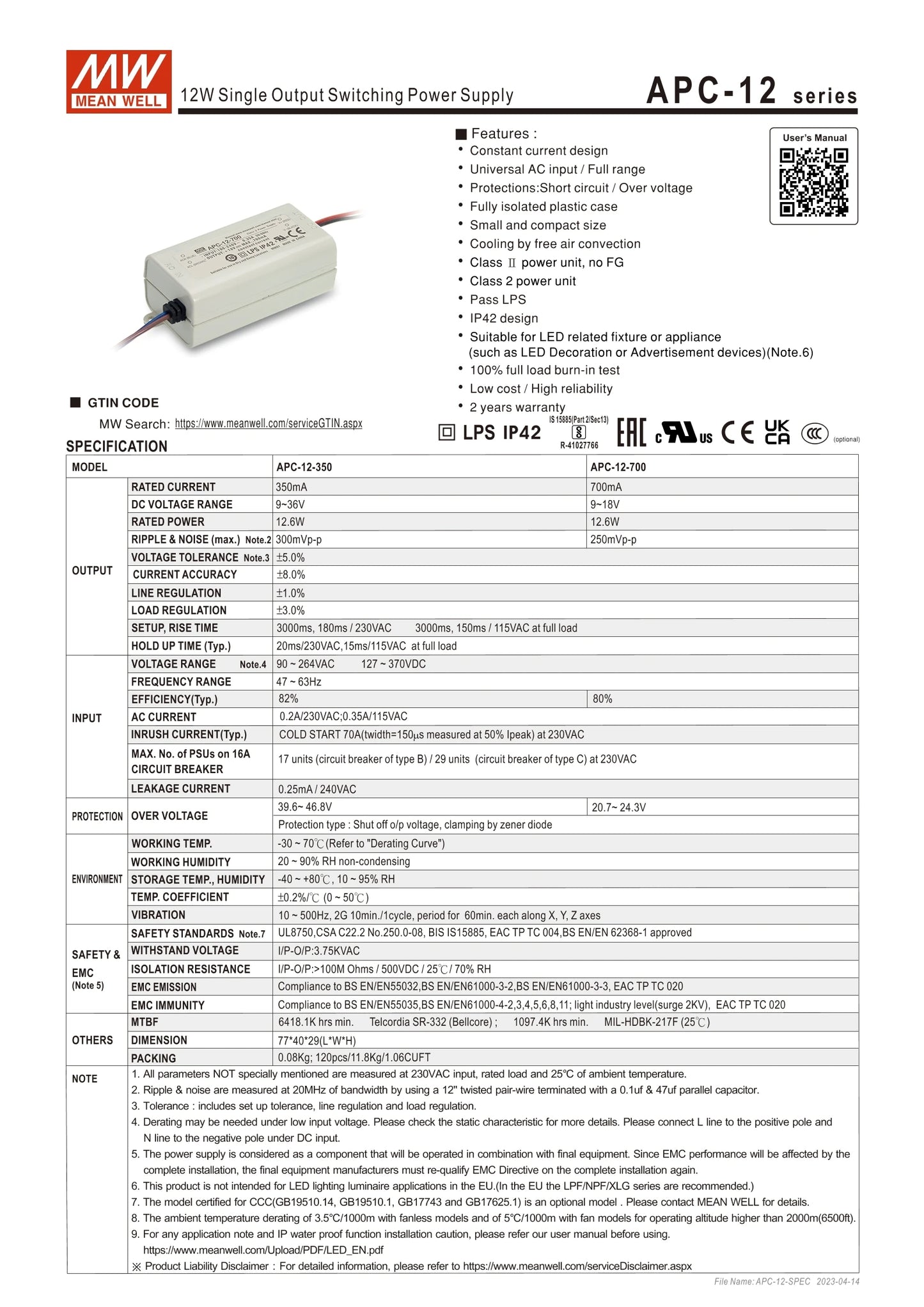 MEAN WELL LED constant current power supply APC-12 12W 350/700mA lighting low cost driver
