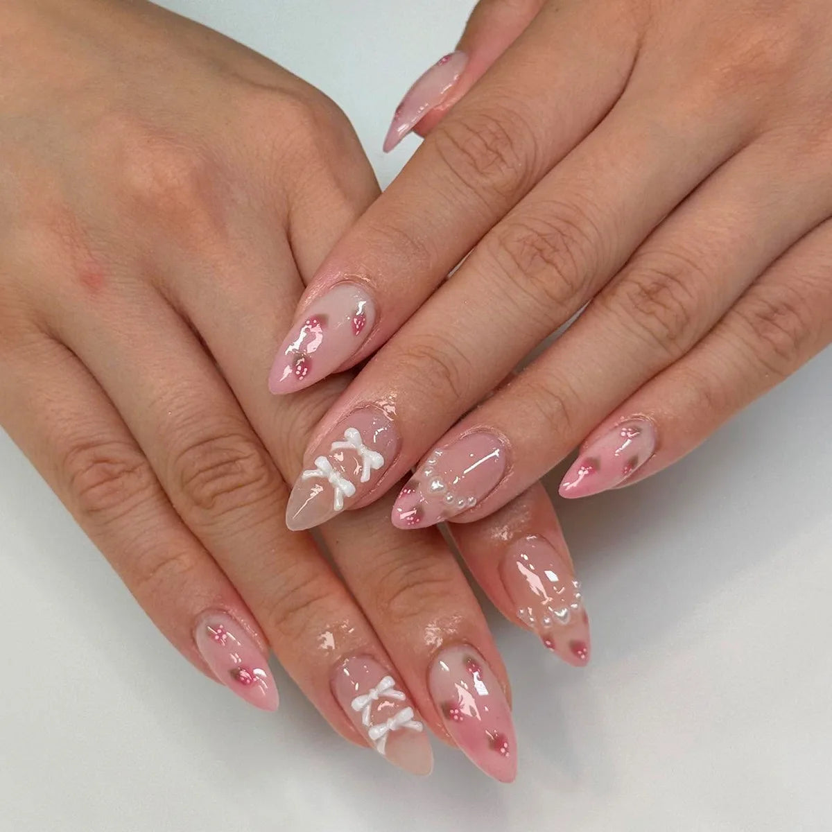 24PCS Medium Almond Press On Nails Wine Red Cute Cartoon Rabbit Bowknot Plaid Pearl False Nails Kawaii Nails Full Cover Wearable