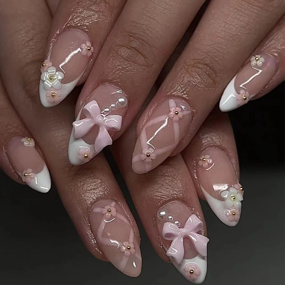 24PCS Medium Almond Press On Nails Wine Red Cute Cartoon Rabbit Bowknot Plaid Pearl False Nails Kawaii Nails Full Cover Wearable