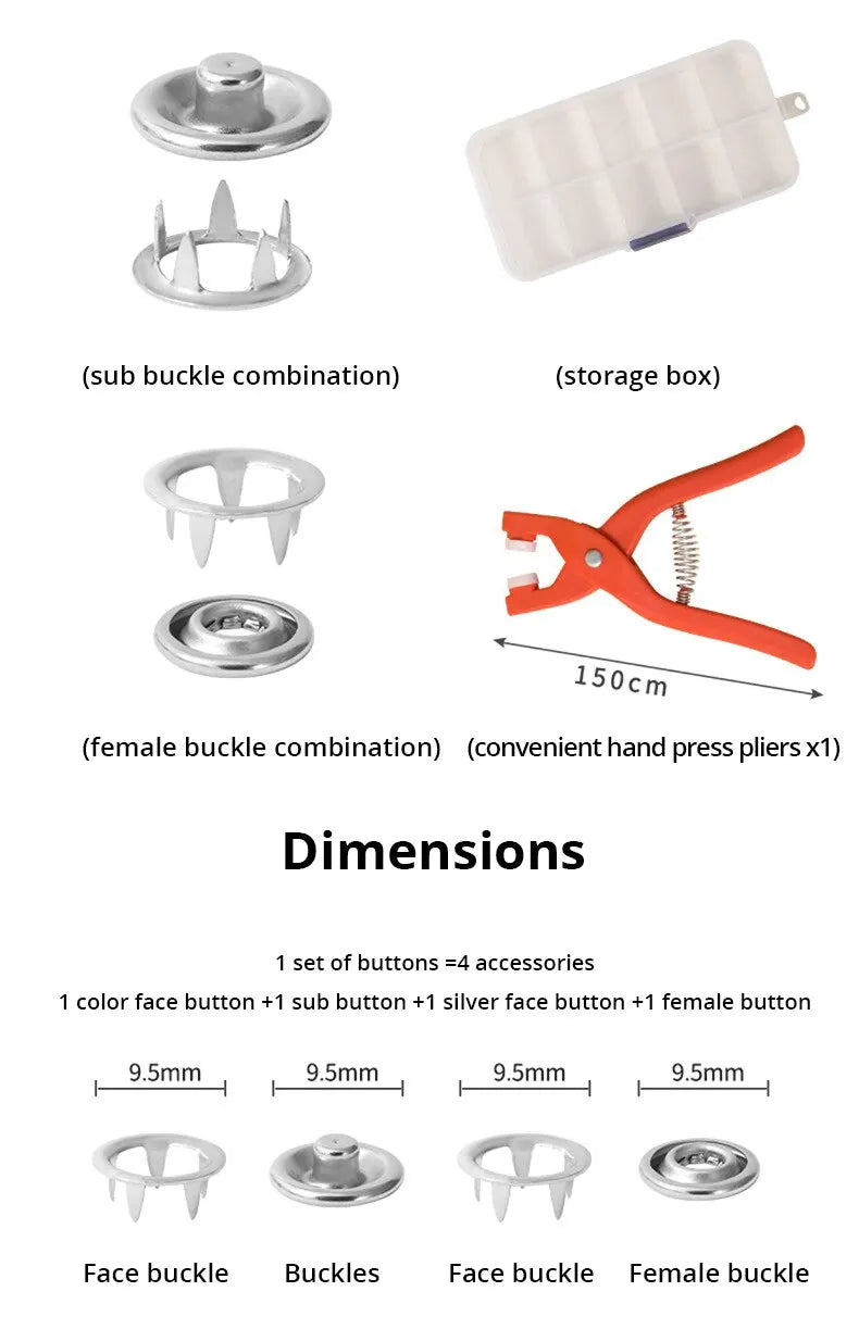 Snap Button Kit,Sets Metal Snap Buttons with Fastener Pliers Press Tool and Box, Rust Proof DIY Press Studs Button Fix Tool