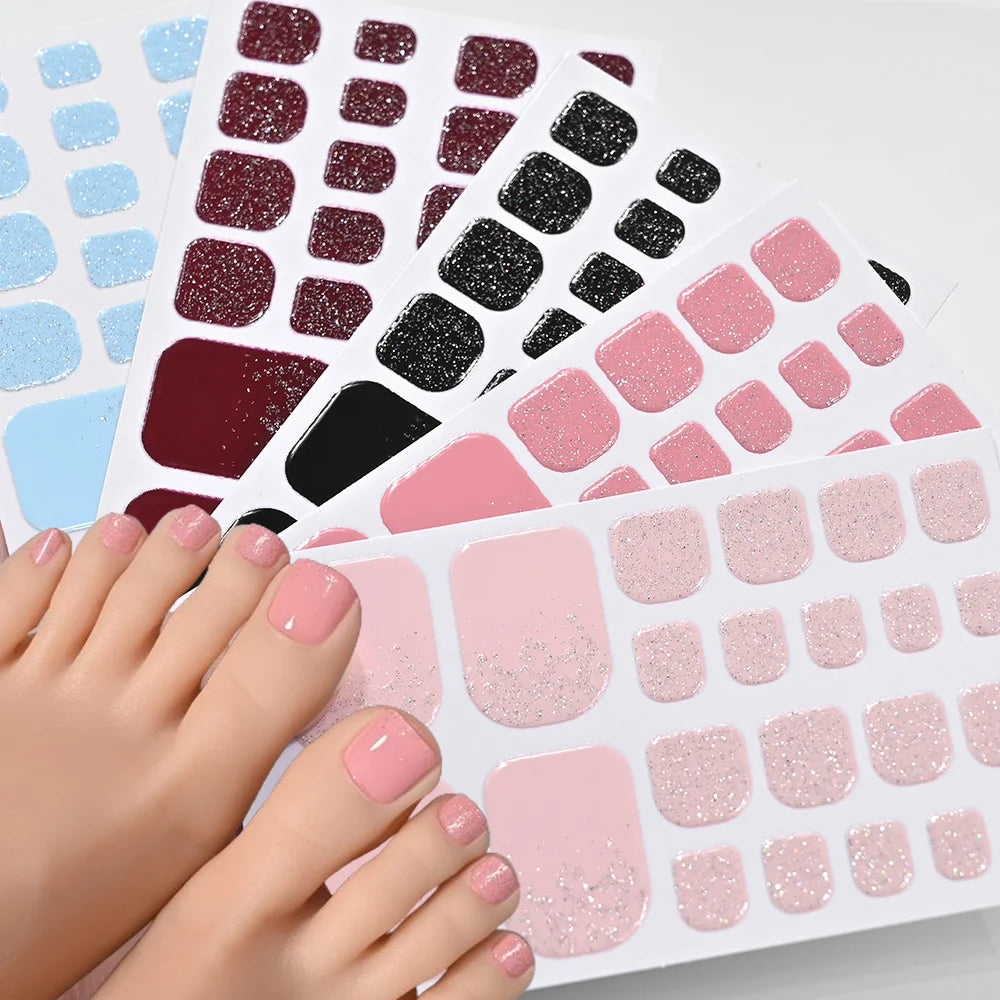 5Sheets/110Tips Summer Glitter Toe Nail Stickers Full Cover Nail Wraps Solid Color Adhesive Toenails Decals for Women DIY Foot &