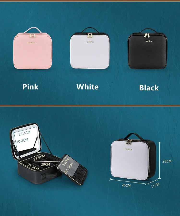 New LED Lighted Cosmetic Case with Mirror Waterproof PU Leather Portable Travel Makeup Storage Bags
