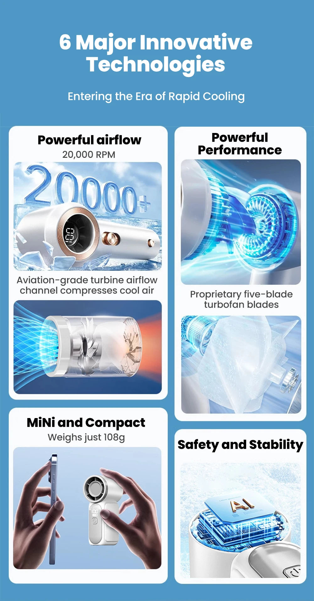 Portable Handheld Mini Fan 5 Speed Adjust Type c Rechargeable Fan Digital Display Desktop Fan Outdoor