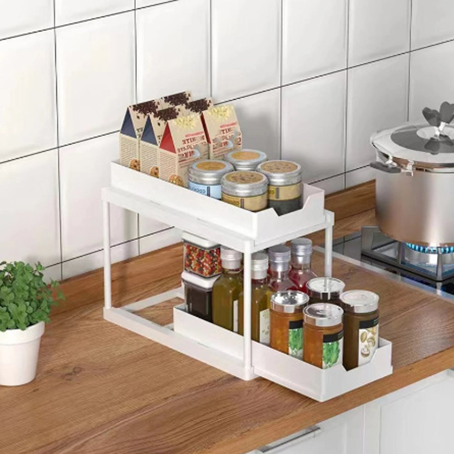 New 2 Tier Under Sink Organizer, Pull Out Sliding Rack, Multi-Function Shelf for Kitchen Bathroom,Space Saving Cabinet Organizer