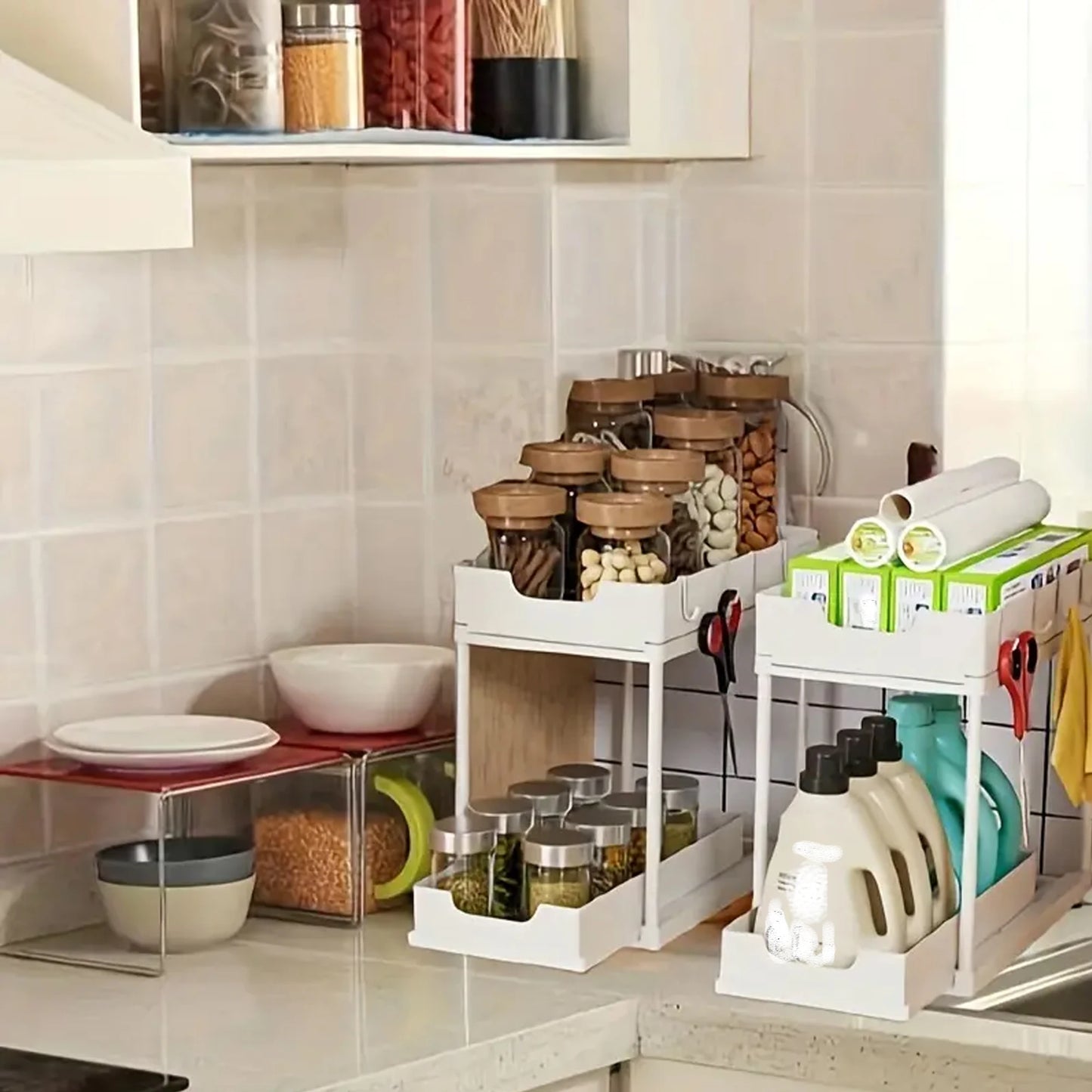 New 2 Tier Under Sink Organizer, Pull Out Sliding Rack, Multi-Function Shelf for Kitchen Bathroom,Space Saving Cabinet Organizer