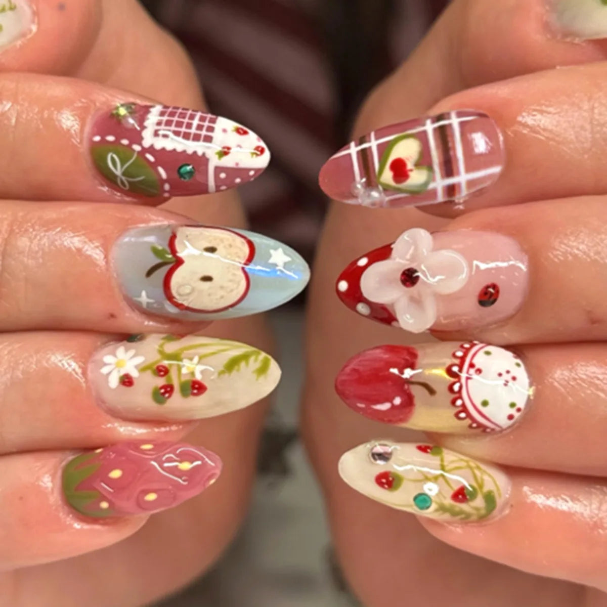 24PCS Medium Almond Press On Nails Wine Red Cute Cartoon Rabbit Bowknot Plaid Pearl False Nails Kawaii Nails Full Cover Wearable