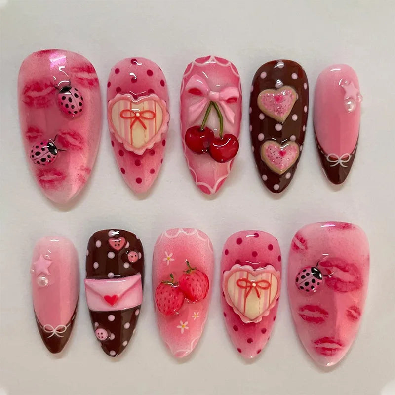 24PCS Medium Almond Press On Nails Wine Red Cute Cartoon Rabbit Bowknot Plaid Pearl False Nails Kawaii Nails Full Cover Wearable