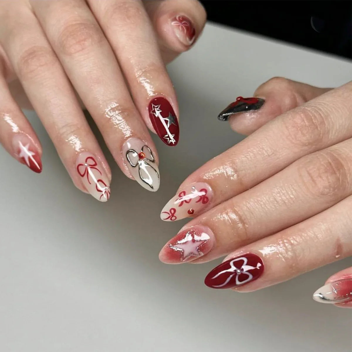 24PCS Medium Almond Press On Nails Wine Red Cute Cartoon Rabbit Bowknot Plaid Pearl False Nails Kawaii Nails Full Cover Wearable