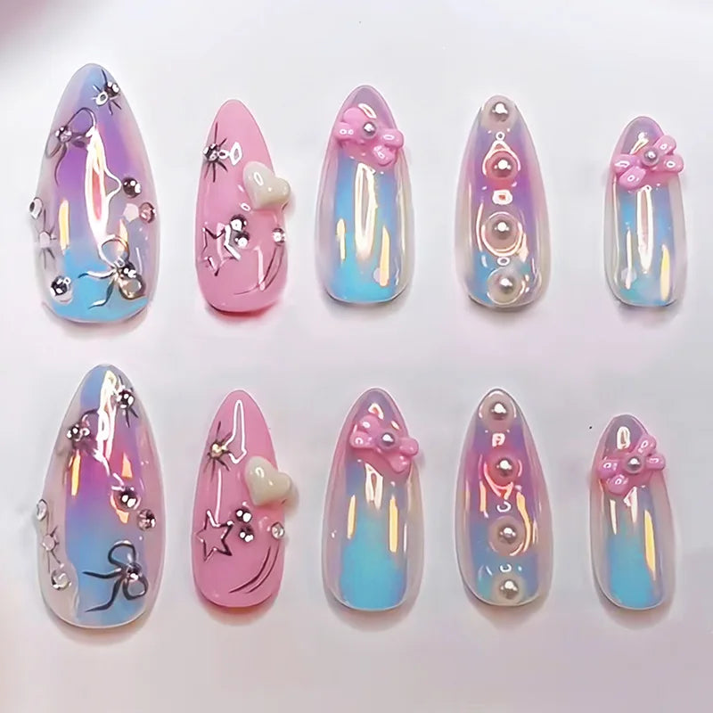 24PCS Medium Almond Press On Nails Wine Red Cute Cartoon Rabbit Bowknot Plaid Pearl False Nails Kawaii Nails Full Cover Wearable