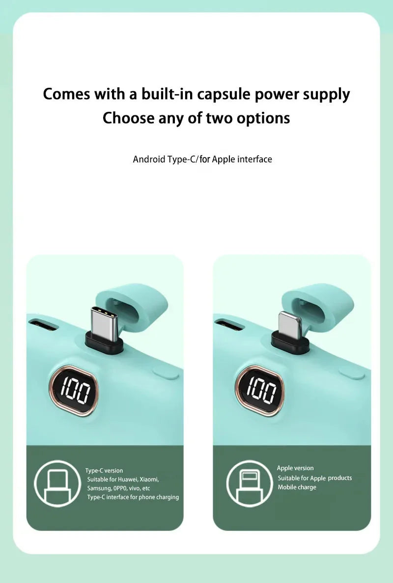 Portable Mobile Charger Mini Power Bank Built Cable Fast Charger Battery Capsule Power bank 10000/5000mAh For iPhone Type-C