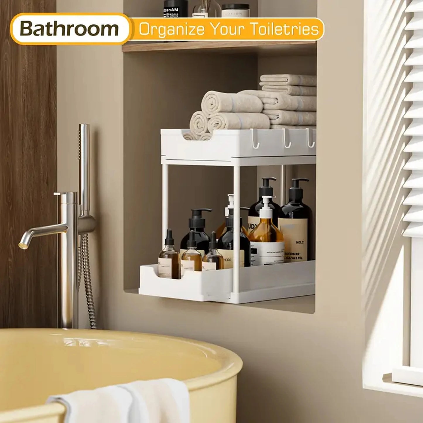 New 2 Tier Under Sink Organizer, Pull Out Sliding Rack, Multi-Function Shelf for Kitchen Bathroom,Space Saving Cabinet Organizer