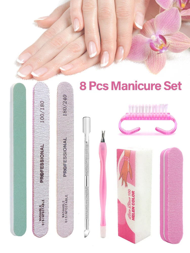 8pcs/Set Nail Manicure Care Tool Kit Nail Buffer Professional Nail Files Brush Manicure Pedicure UV Gel Nails Polish Art Tools