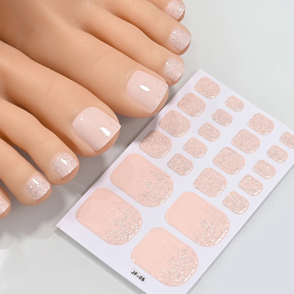 5Sheets/110Tips Summer Glitter Toe Nail Stickers Full Cover Nail Wraps Solid Color Adhesive Toenails Decals for Women DIY Foot &