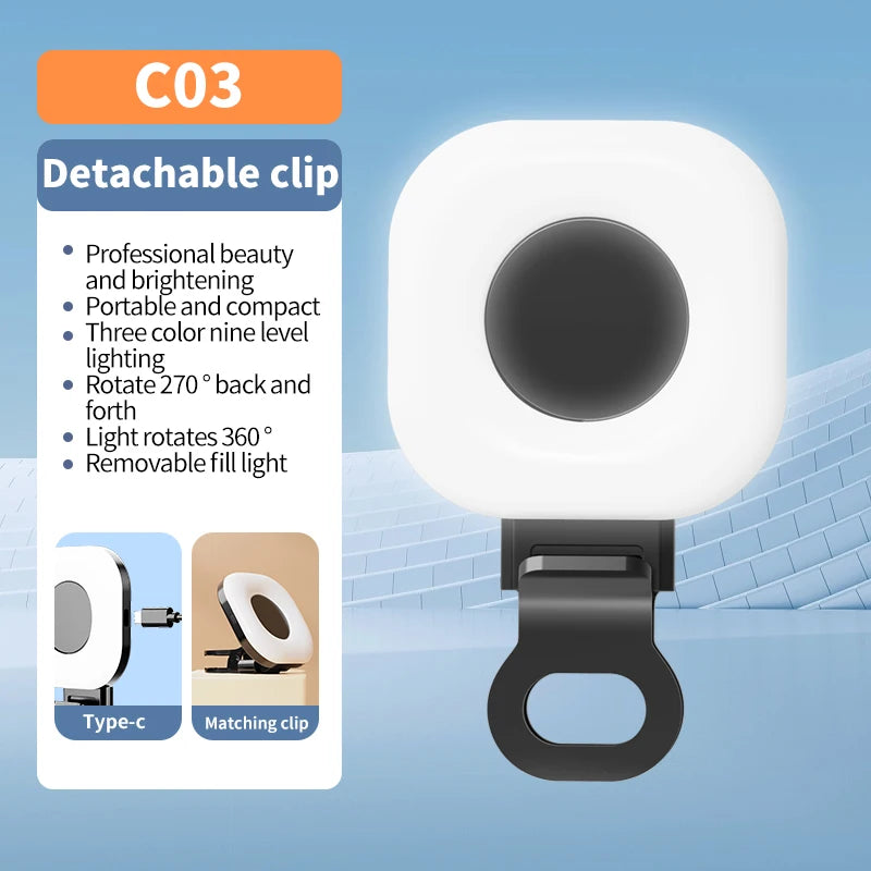 Mini LED Smartphone Selfie Fill Light 3 Modes With Adjustable Brightness Clip Portable Video Light For Tiktok Camera Mobile IPad
