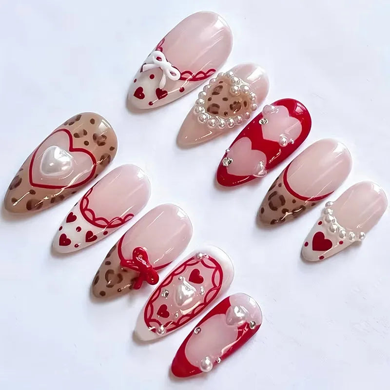 24PCS Medium Almond Press On Nails Wine Red Cute Cartoon Rabbit Bowknot Plaid Pearl False Nails Kawaii Nails Full Cover Wearable