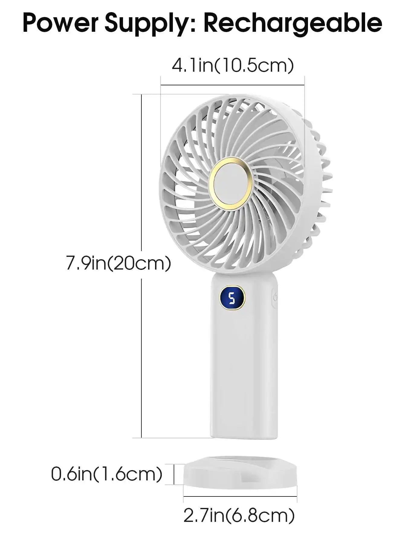 Portable Handheld Fan USB Rechargeable Mini Fan Digital Display 5-Speed Adjustment Suitable For Travel Outdoor Office Home