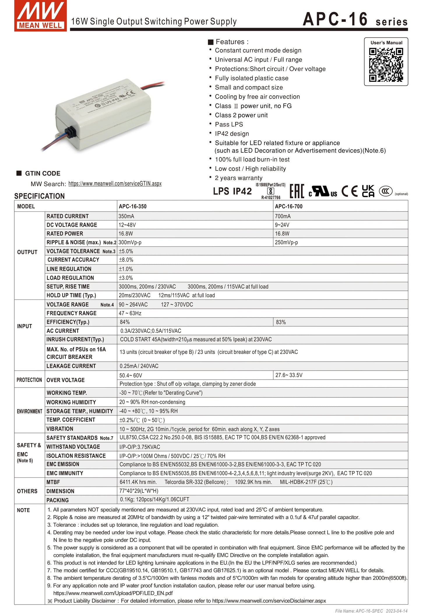 Mean Well APC-8/12/16/25/35-250/350/500/700/1050mA Meanwell Indoor LED lighting SMPS LED Constant Current Switching Power Supply