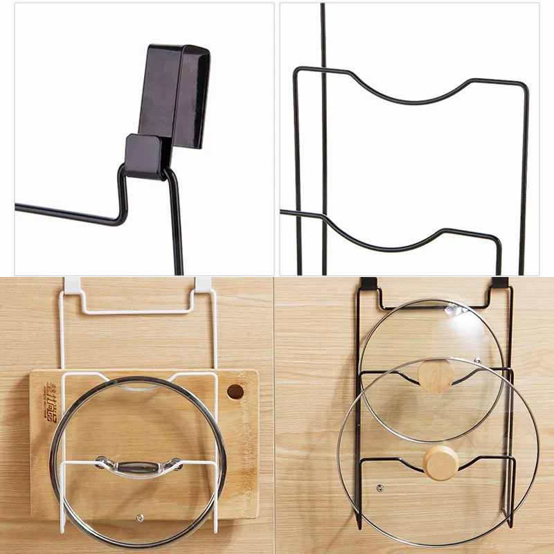 Hanging Pot Lid Rack for Cupboard Door Cutting Board Storage Shelf Kitchen Organizer Pan Cover Shelf Towel Hanger Storage Holder