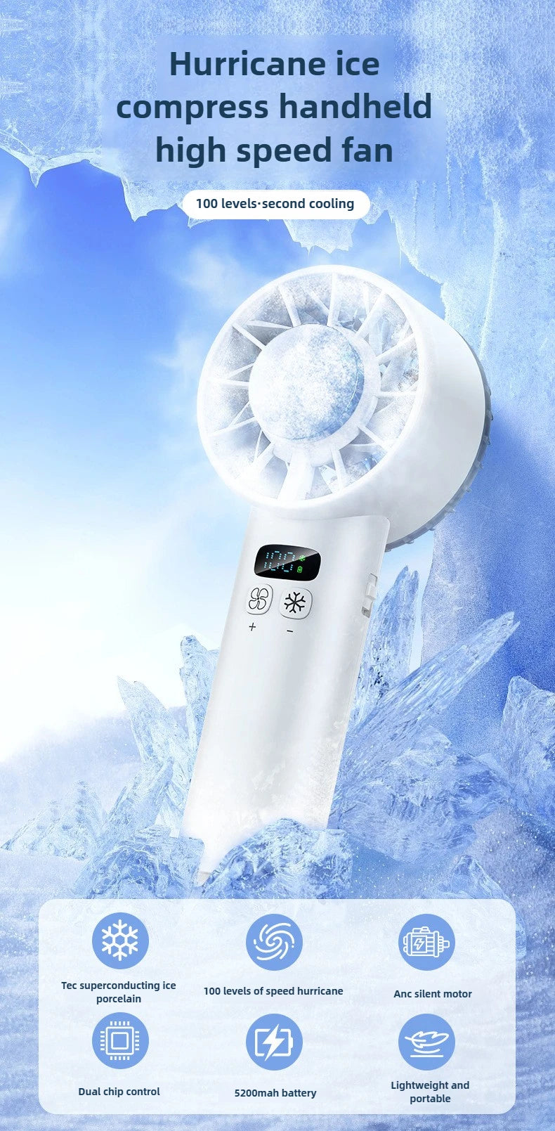 Ice compress high-speed cooling fan handheld fans USB Rechargeable portable mini fan Folding style for Travel,Camping,Outdoor