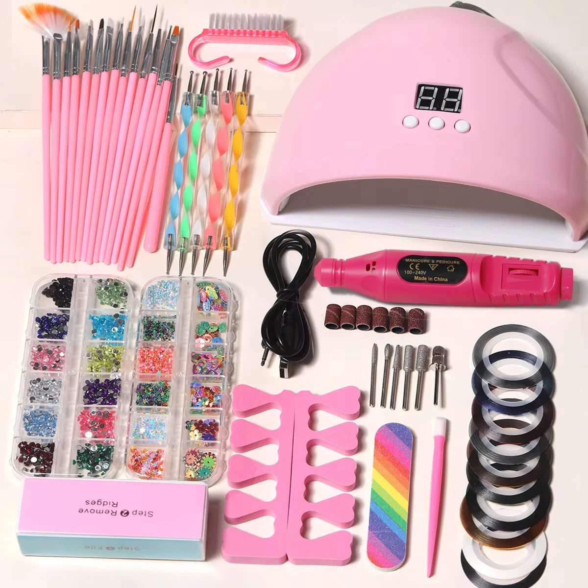 YIKOOLIN 46-Piece Essential Manicure Tool Set With LED UV Nail Lamp Gel Curing Machine Electric Nail File Drill Manicure Tools