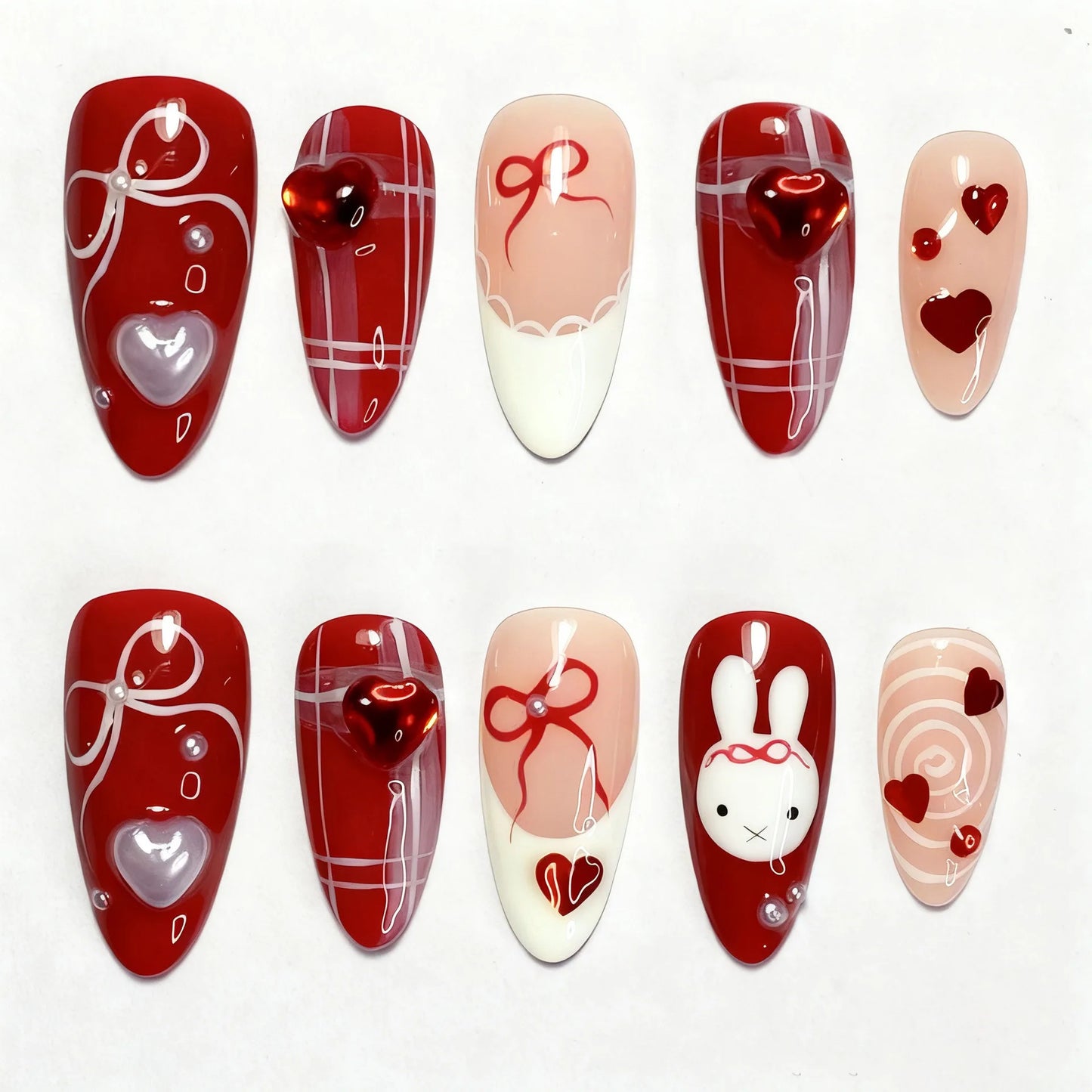 24PCS Medium Almond Press On Nails Wine Red Cute Cartoon Rabbit Bowknot Plaid Pearl False Nails Kawaii Nails Full Cover Wearable