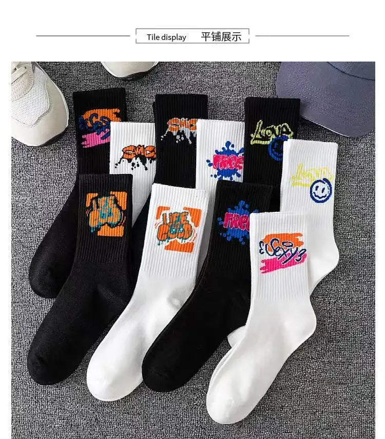 Couple long socks, sports cotton socks, ins student basketball socks, breathable and odor-resistant, black and white men's mid-c