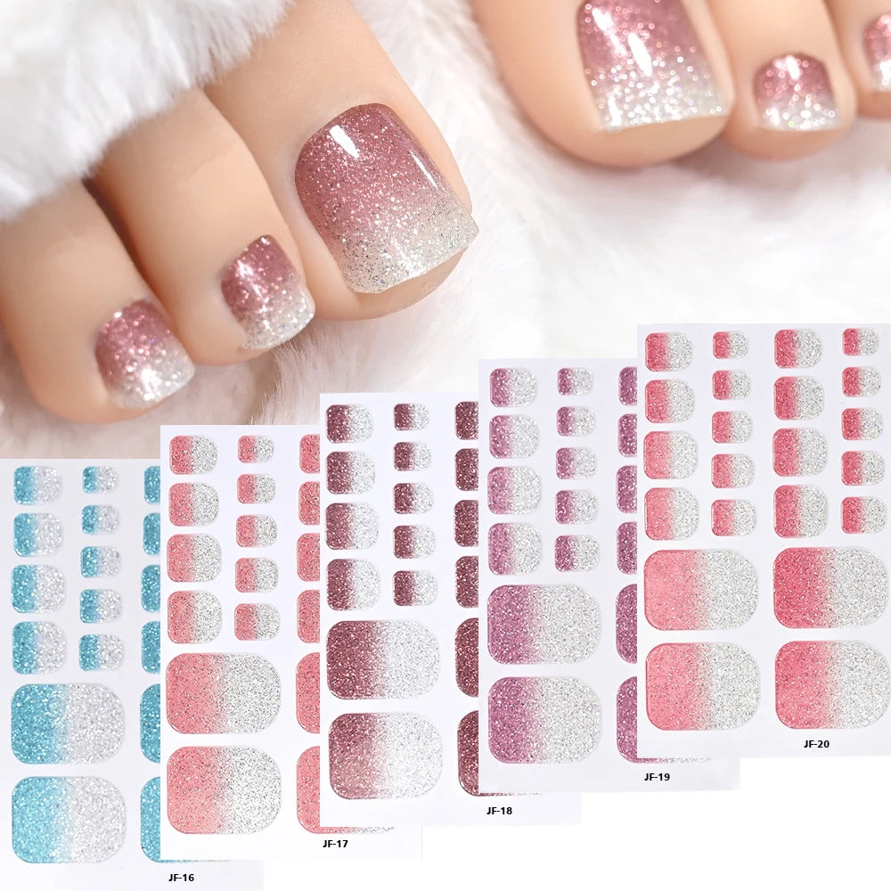 5Sheets/110Tips Summer Glitter Toe Nail Stickers Full Cover Nail Wraps Solid Color Adhesive Toenails Decals for Women DIY Foot &