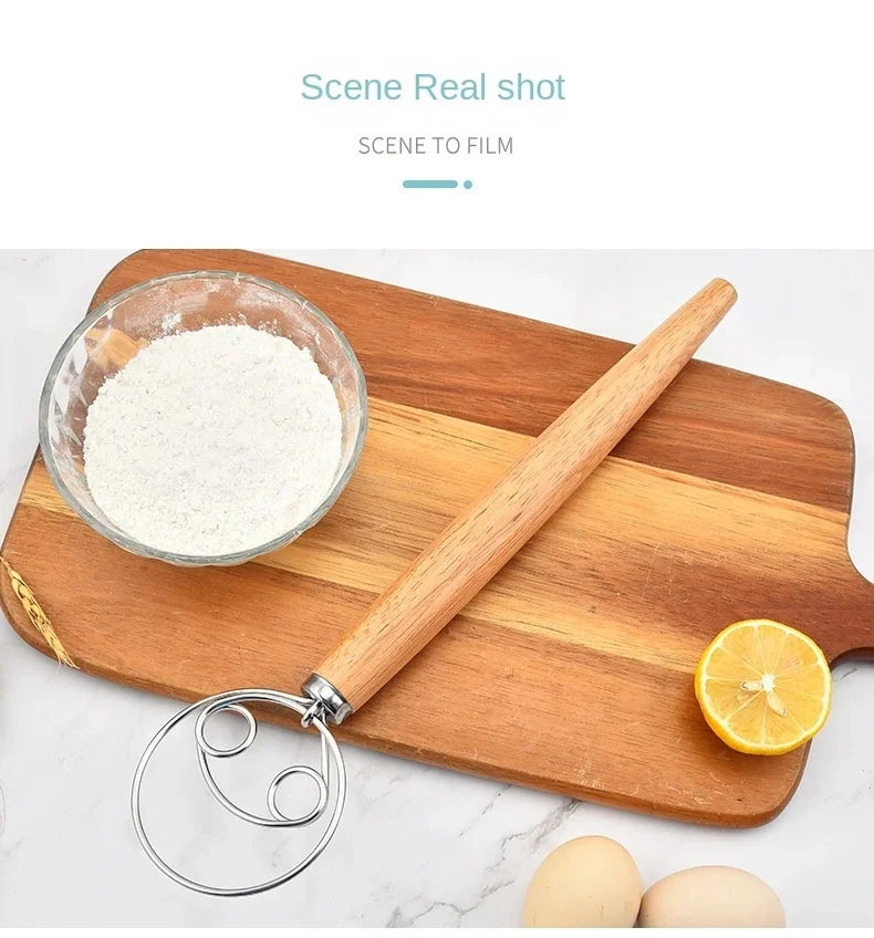 Danish Dough Whisk Stainless Steel Bread Mixer Wooden Handle Hand Blender Egg Beater DIY Baking Tools for Cake Pizza Pas