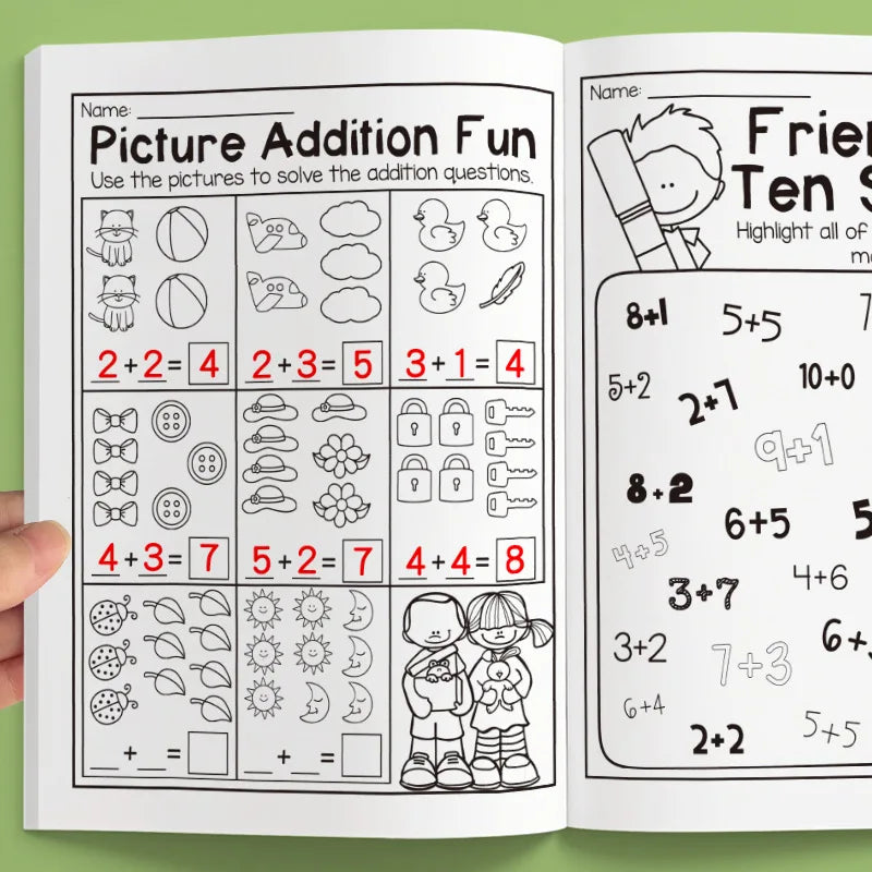 32-Page Interactive Math Learning Workbook with Addition & Subtraction Worksheets, Crossword Puzzles, Colorful Math Activities