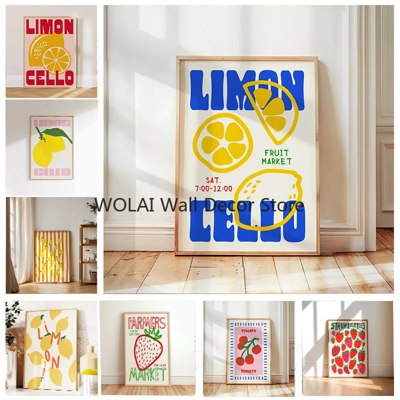 Retro Limon Cello Lemon Fruit Canvas Print Positano Lemon Strawberry Fruit Market Poster for Modern Bedroom Kitchen Home Decor